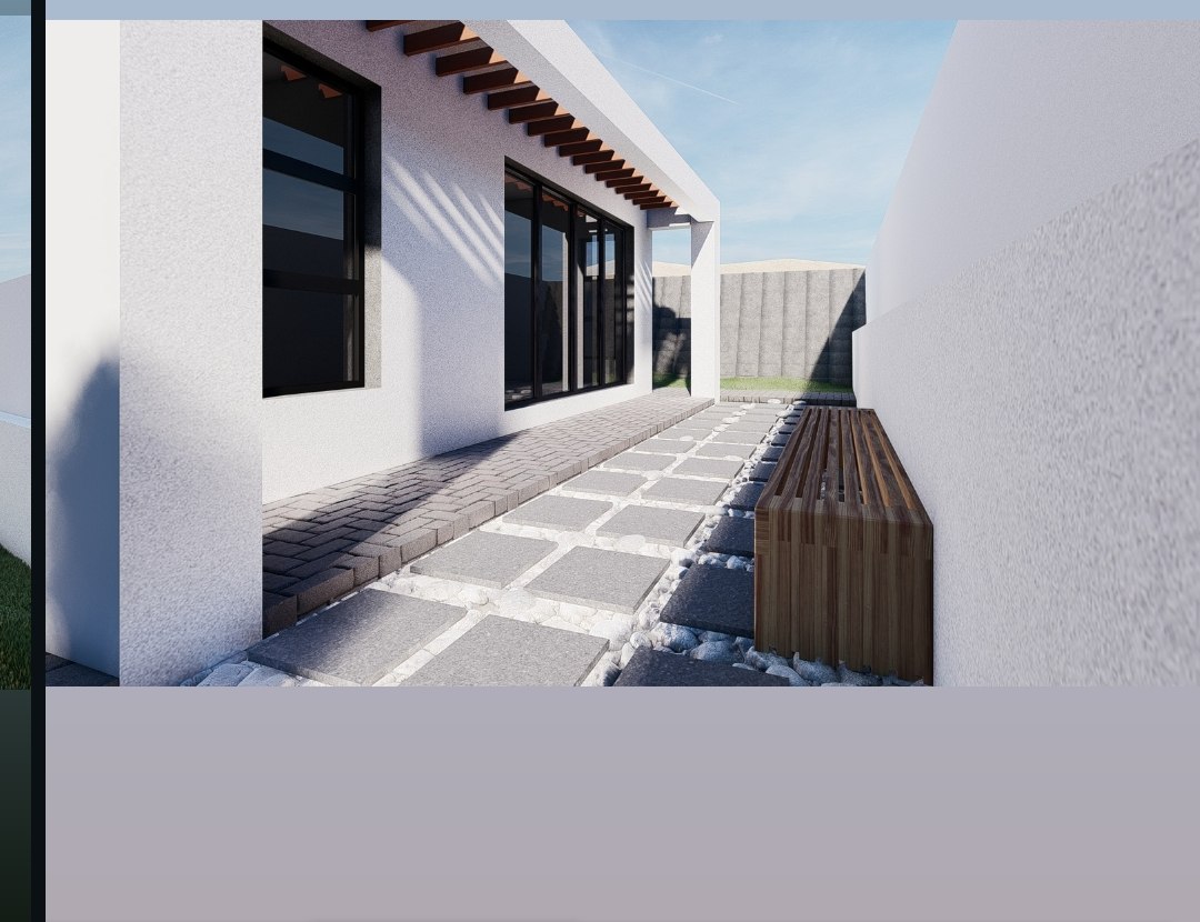 Traditional design concept — side pathway with timber bench